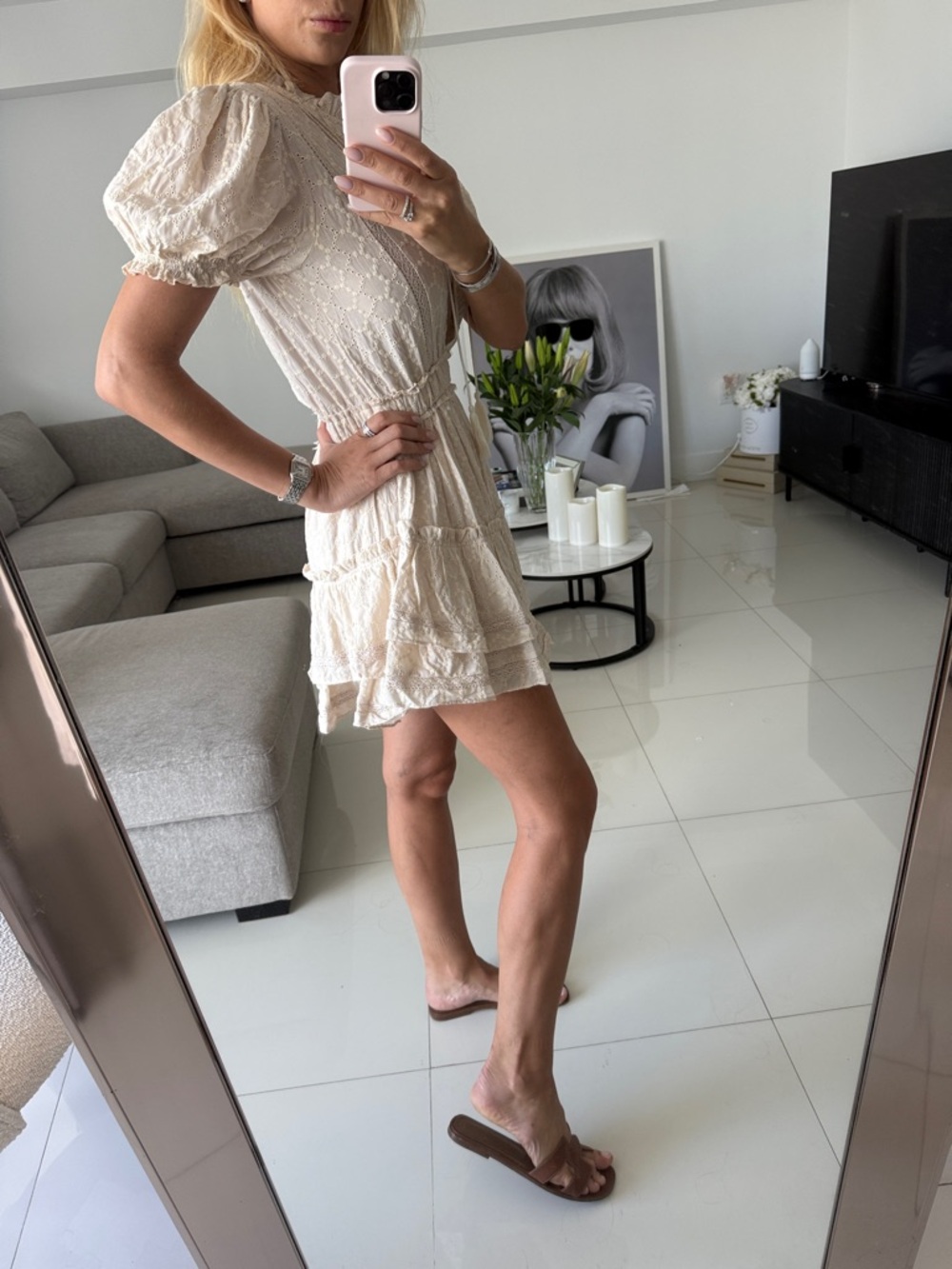 Textured Cream Mini Dress with Ruffle Hem - Picture 2 of 5